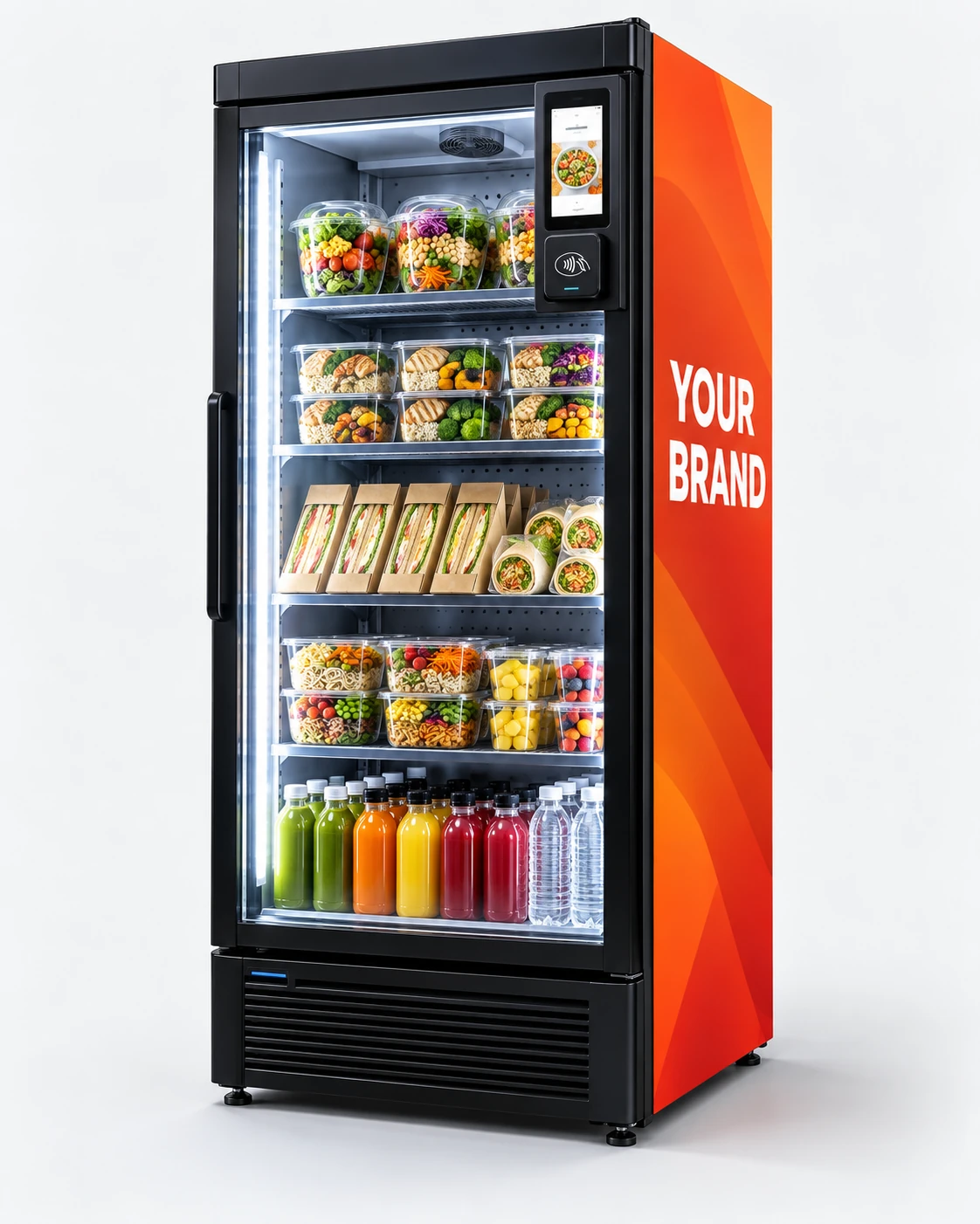 White-label smart fridge concept with a glass door, illuminated food shelves, touchscreen and custom YOUR BRAND wrap